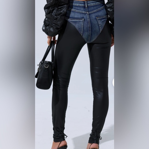 AKIRA Blue Denim and faux Leather Jeans TURN AROUND CONTOUR SKINNY DENIM - Picture 6 of 6